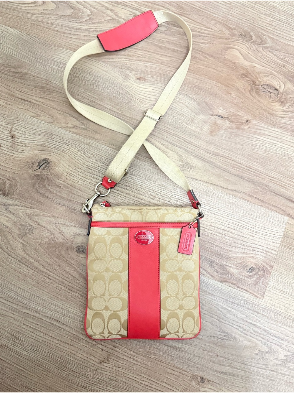 Coach Beige Signature Canvas Crossbody with Coral Trim